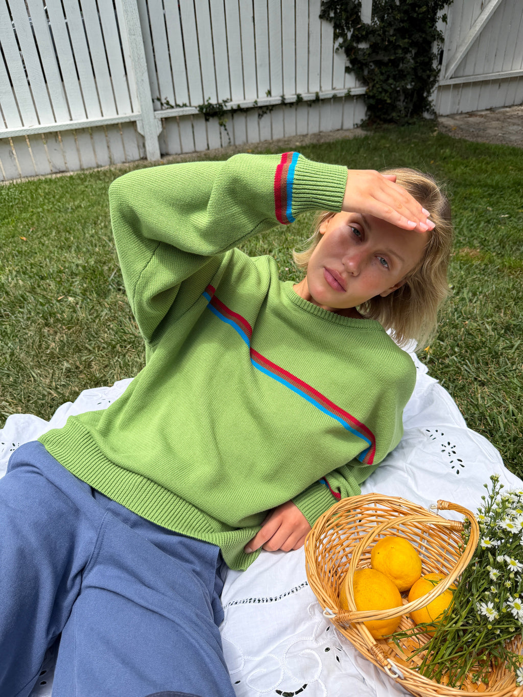 "I Can't Believe it's Not Vintage" Crewneck - Moss Athletic Stripe